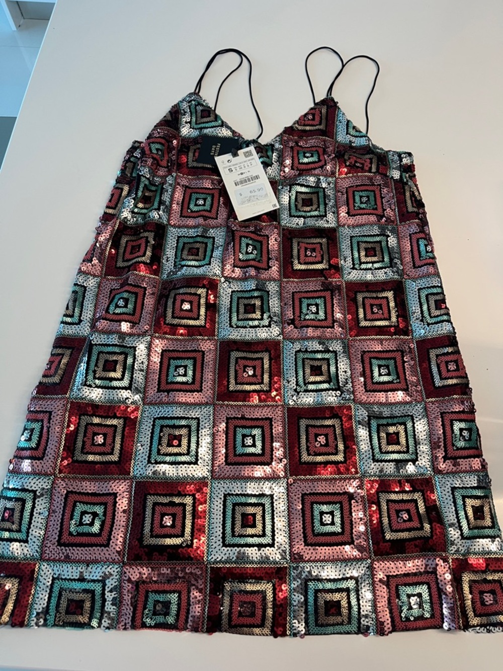 Zara Sequin Midi Dress - Pink, Teal & Black Geometric